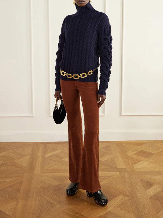 Image of a model wearing Outerwear. Product name - Cable-knit Wool-blend Turtleneck Sweater in Navy colour by brand - Etro