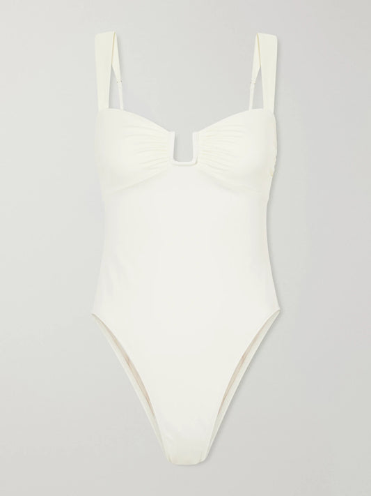 Image of Swimwear. Product name - Cannes Gathered Recycled Stretch Swimsuit in Ivory colour by brand - Away That Day