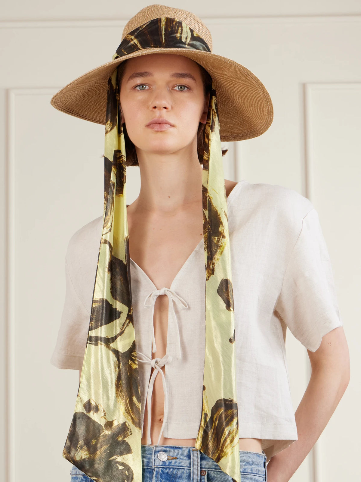 Image of Hats. Product name - Cassidy Satin-trimmed Straw Hat in Sand colour by brand - Eugenia Kim