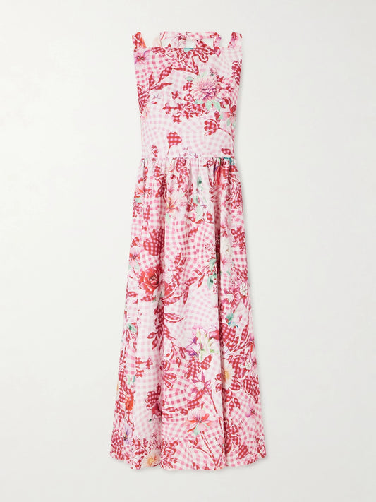 Image of Dresses. Product name - Alma Checked Floral-print Midi Dress in Pink colour by brand - Mary Katrantzou