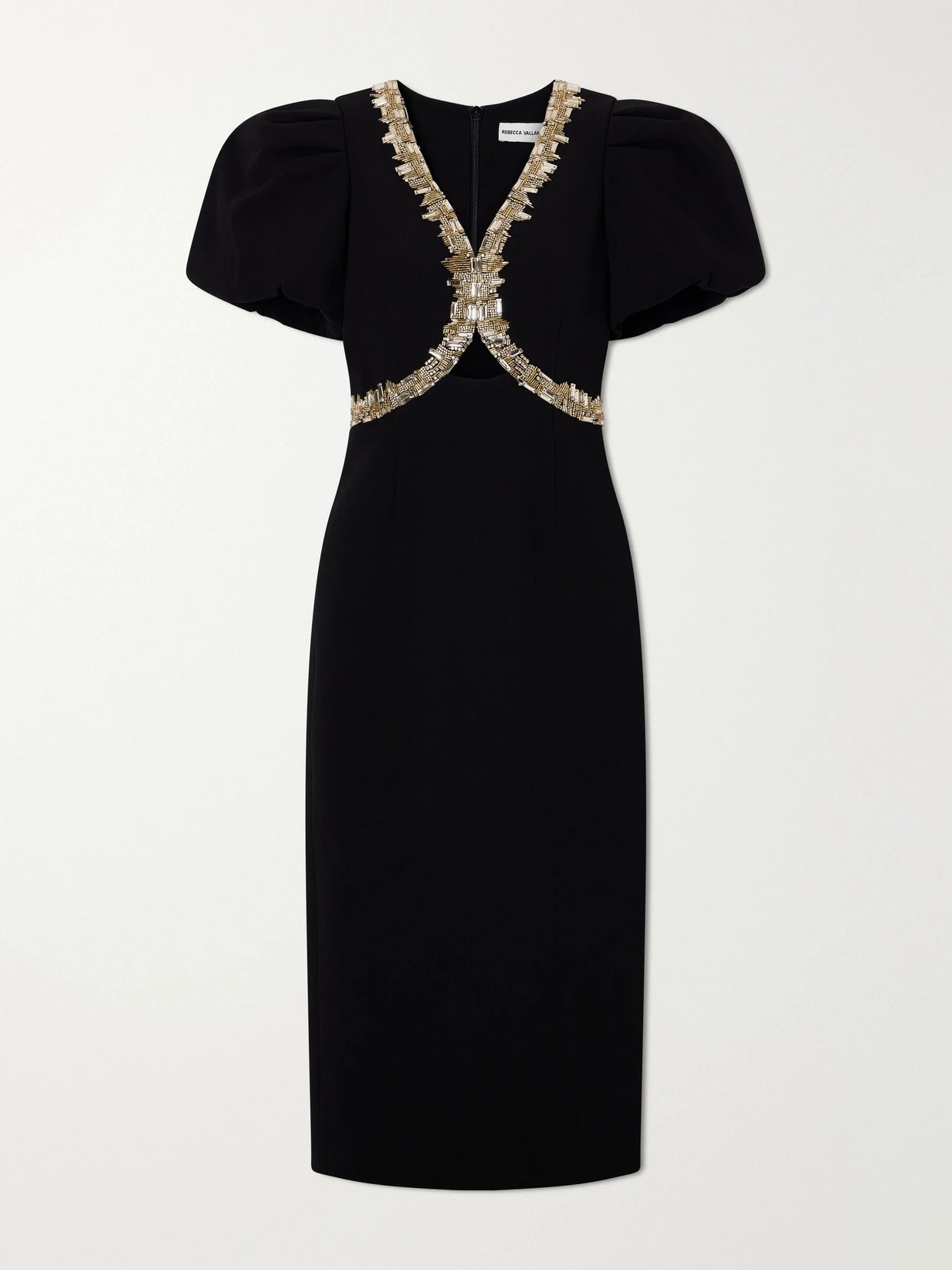 Image of Dresses. Product name - Alexandrite Embellished Cady Midi Dress in Black colour by brand - Rebecca Vallance