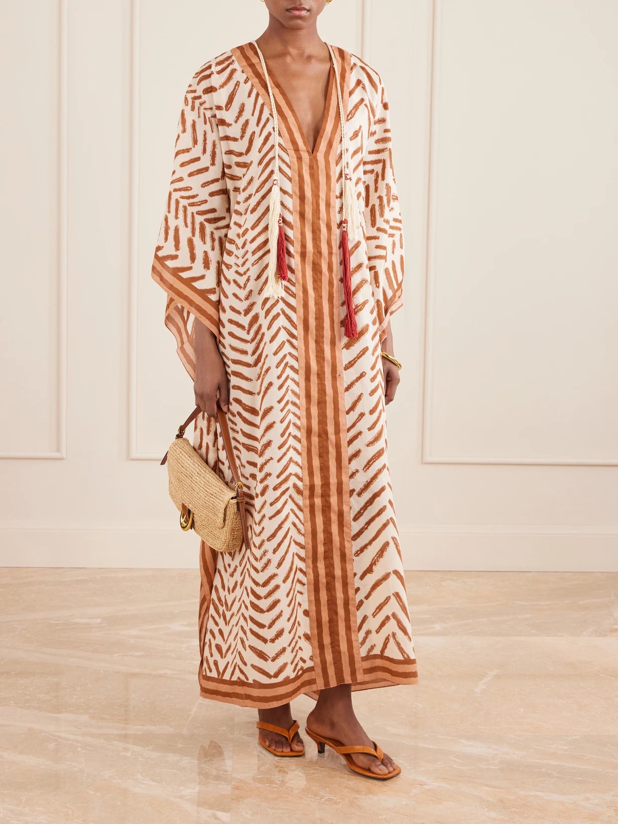 Image of Dresses. Product name - The Secret Of The Sun Printed Cotton Kaftan in Brown colour by brand - Johanna Ortiz