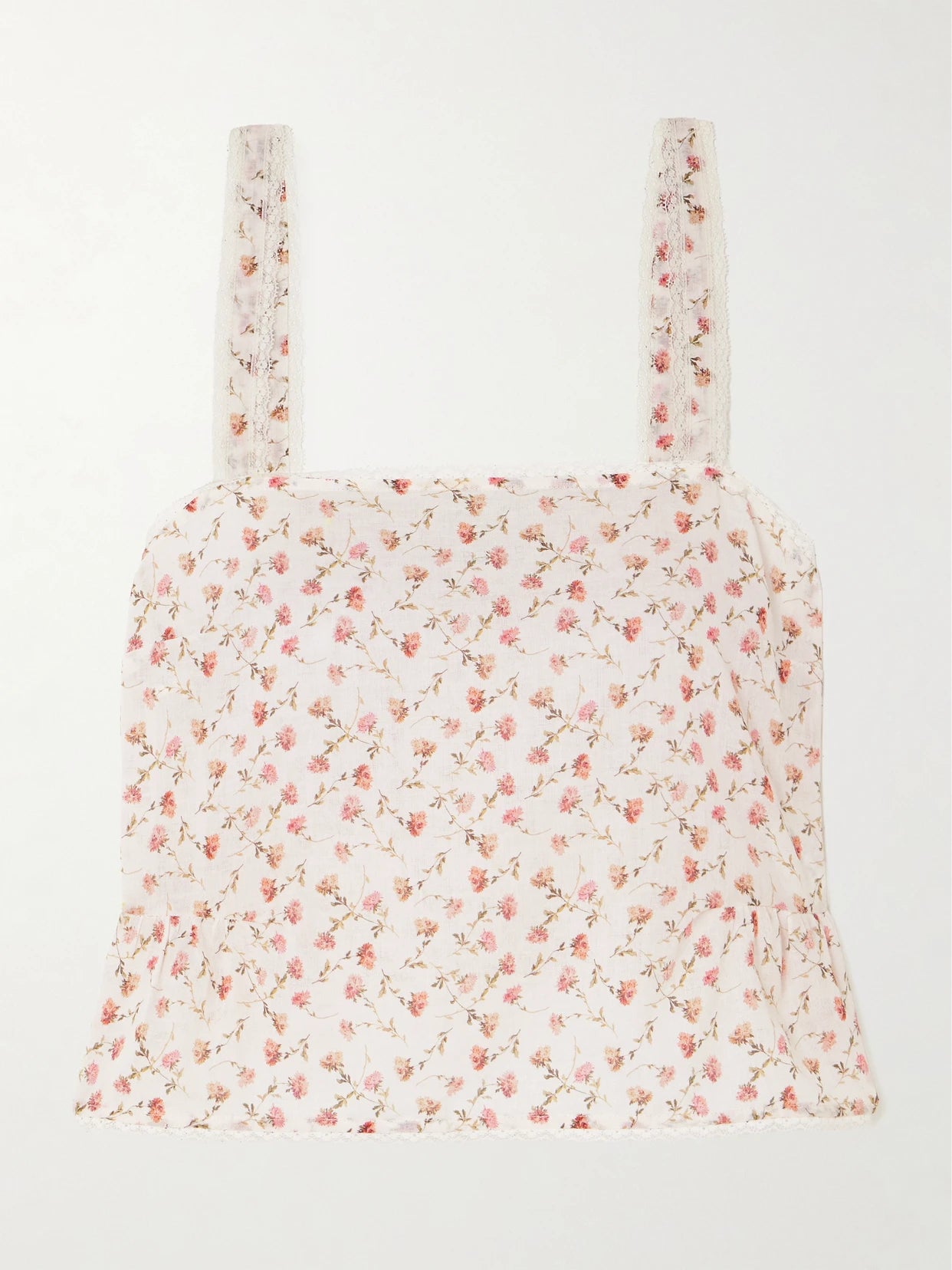 Image of a model wearing Tops. Product name - Charlotte Lace-trimmed Floral-print Cotton Top in Pink colour by brand - Posse