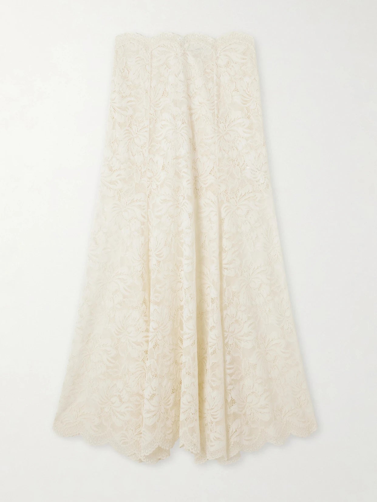 Image of a model wearing Skirts. Product name - Scalloped Lace Maxi Skirt in Ivory colour by brand - RABANNE