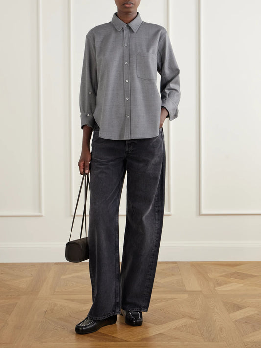 Image of a model wearing Tops. Product name - Kayla Wool Shirt in Gray colour by brand - Citizens of Humanity