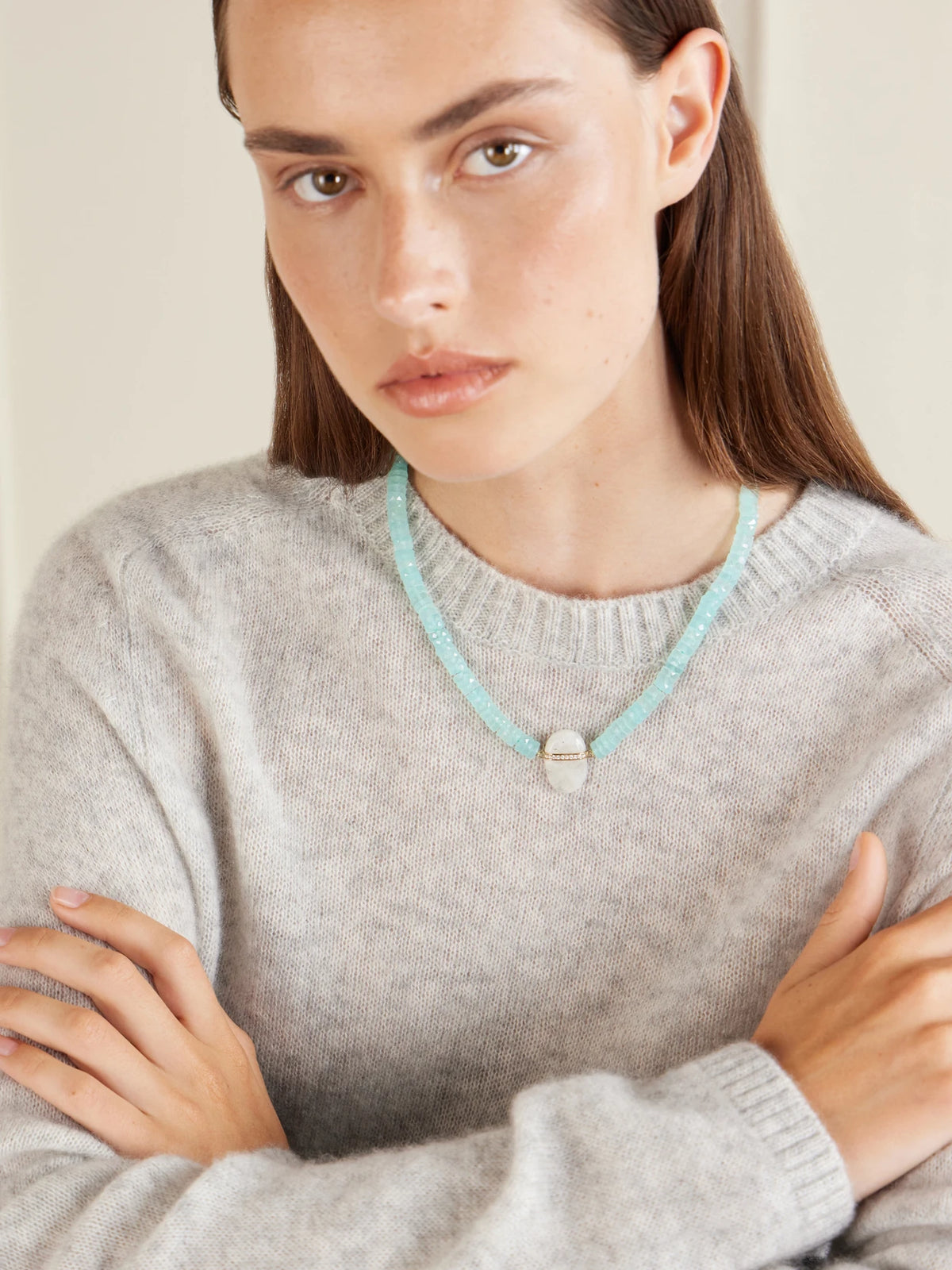 Image of Necklaces. Product name - 14-karat Gold, Chalcedony Moonstone And Diamond Beaded Necklace in Blue colour by brand - JIA JIA