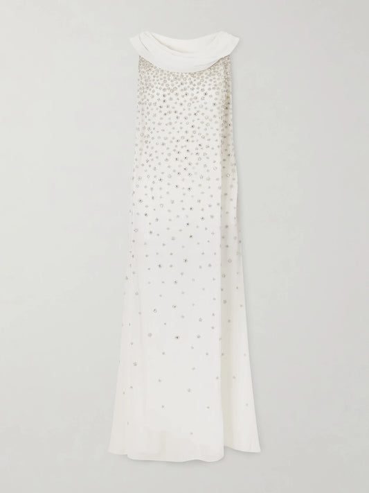 Image of Dresses. Product name - Kaia Scarf-detailed Crystal-embellished Crinkled-chiffon Gown in White colour by brand - Clio Peppiatt