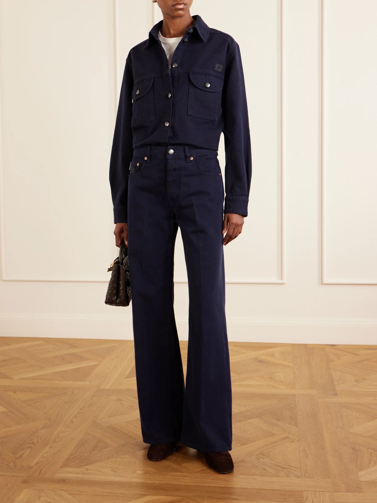 Image of Jeans. Product name - Clapotis Maline Mid-rise Wide-leg Jeans in Navy colour by brand - BLAZÉ Milano