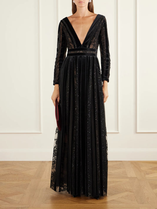 Image of Dresses. Product name - Malena Sequin-embellished Velvet-trimmed Lace Gown in Black colour by brand - Costarellos