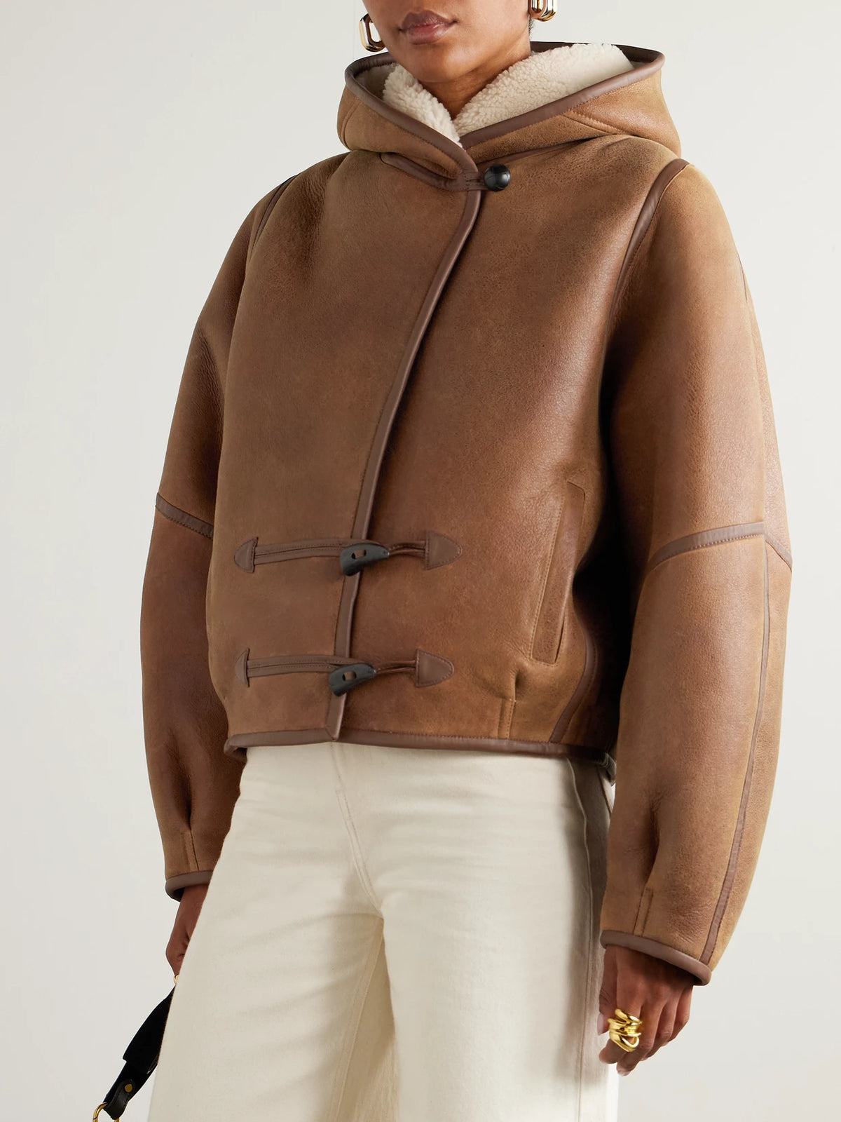 Amiel Leather-trimmed Shearling Hooded Jacket