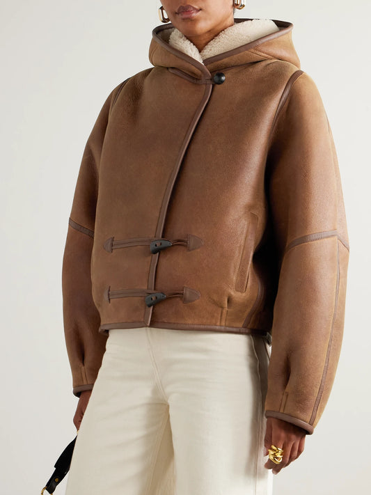 Amiel Leather-trimmed Shearling Hooded Jacket