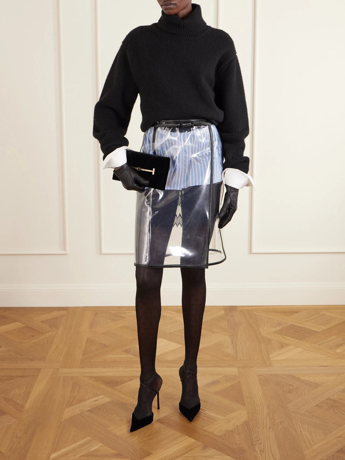 Image of a model wearing Tops. Product name - Striped Silk Shirt in Light blue colour by brand - TOM FORD
