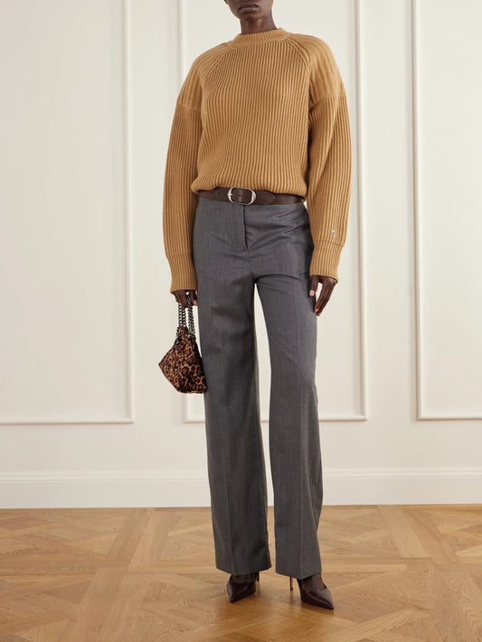 Image of a model wearing Outerwear. Product name - Paneled Ribbed Wool-blend Sweater in Tan colour by brand - Stella McCartney