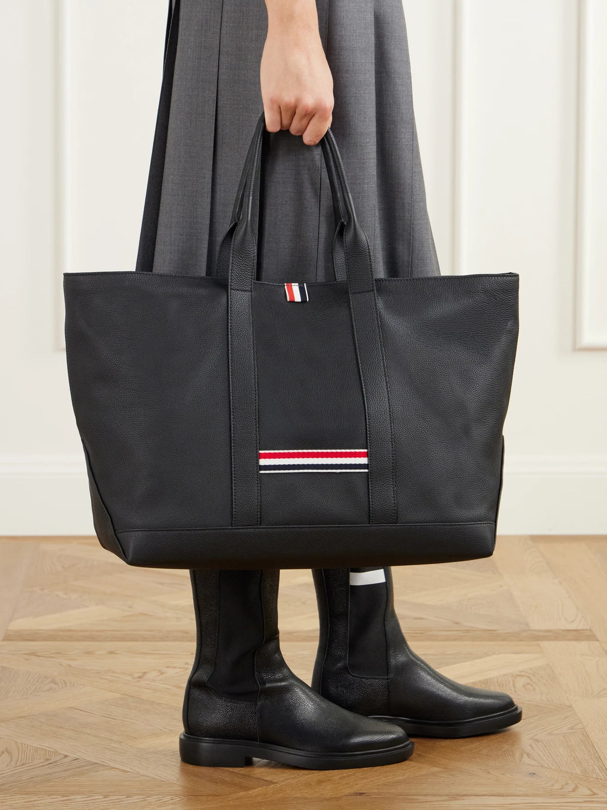 Image of Bags. Product name - Tool Striped Grosgrain-trimmed Full-grain Leather Tote in Black colour by brand - Thom Browne