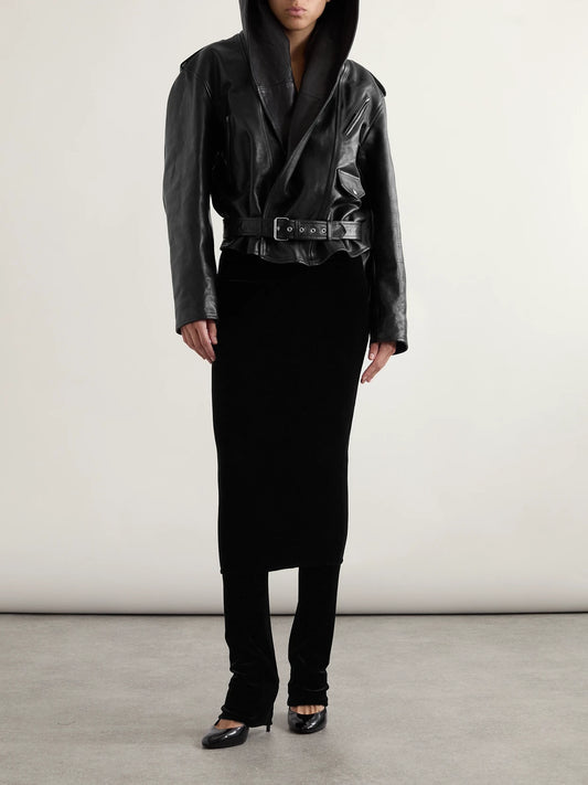 Image of a model wearing Pants. Product name - Layered Stretch-velvet Straight-leg Pants in Black colour by brand - Alaïa