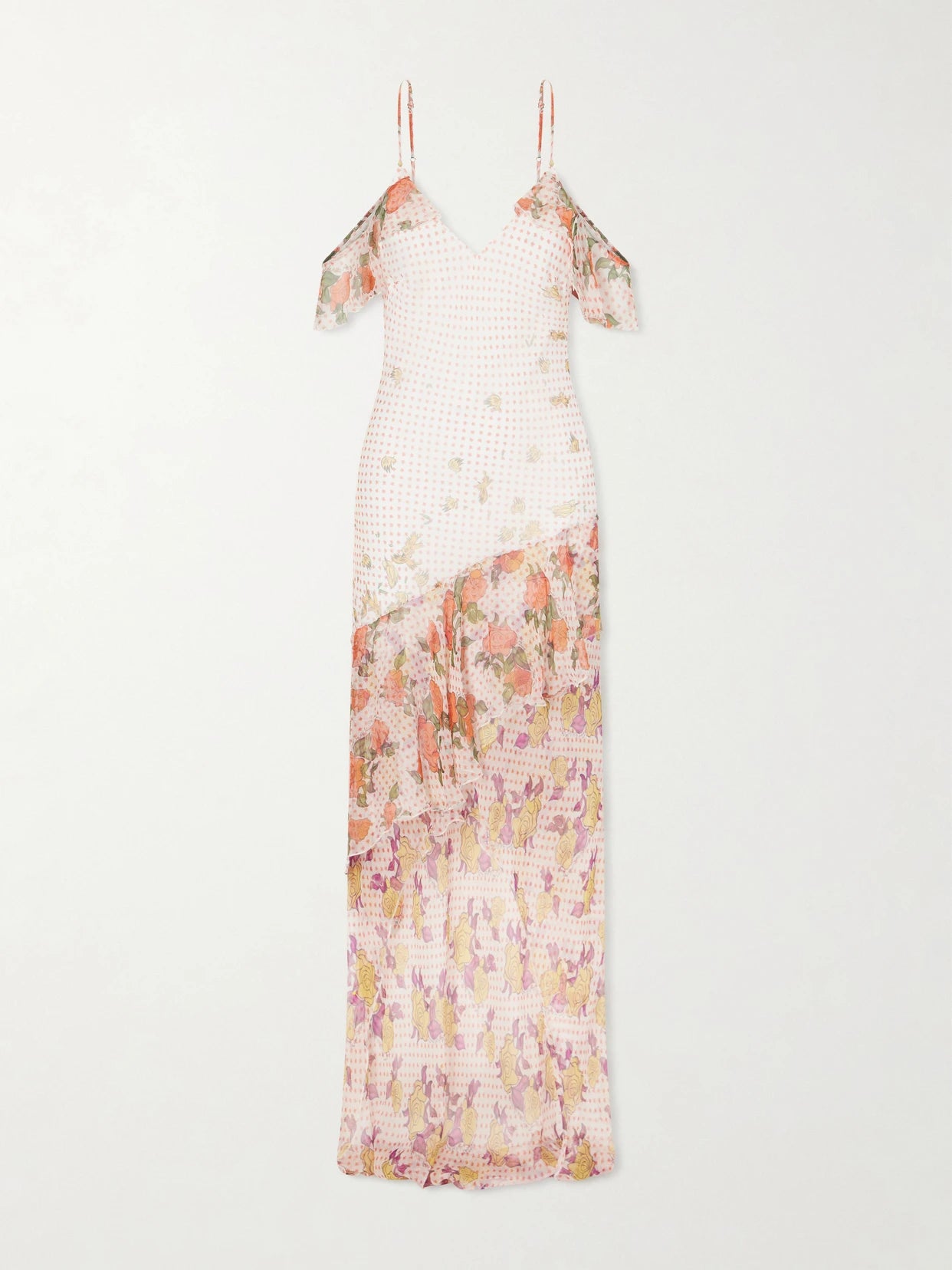 Pajaritos Y Rosas Printed Ruffled Silk-chiffon Maxi Dress