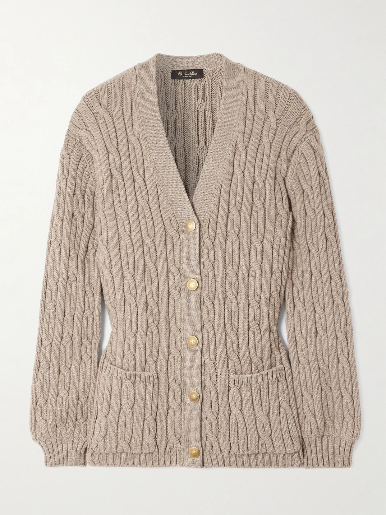 Image of a model wearing Outerwear. Product name - Cable-knit Cashmere-blend Cardigan in Beige colour by brand - Loro Piana