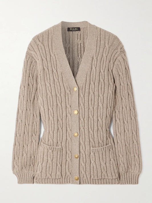 Image of a model wearing Outerwear. Product name - Cable-knit Cashmere-blend Cardigan in Beige colour by brand - Loro Piana