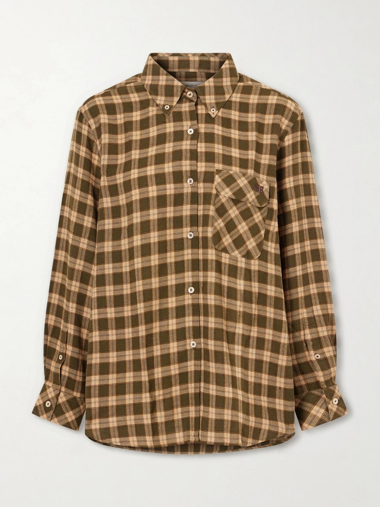 Image of a model wearing Tops. Product name - Ritual Checked Flannel Shirt in Brown colour by brand - Wales Bonner