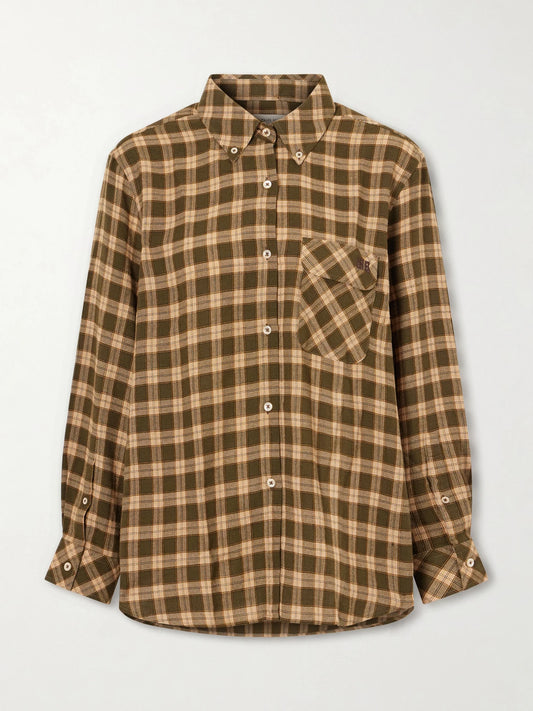 Image of a model wearing Tops. Product name - Ritual Checked Flannel Shirt in Brown colour by brand - Wales Bonner
