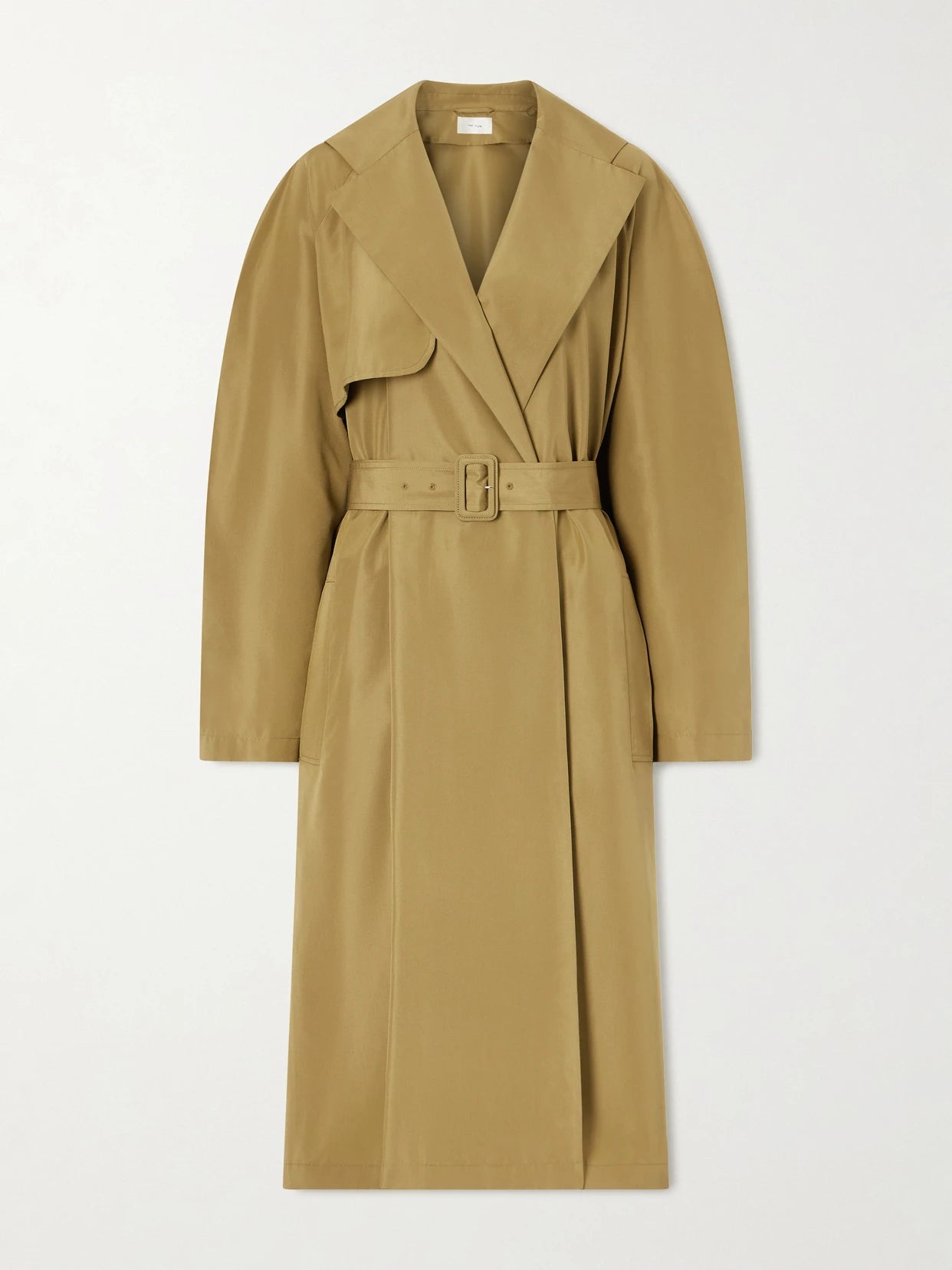 Image of Coats & Jackets. Product name - Amapola Belted Silk-faille Long Coat in Army green colour by brand - The Row