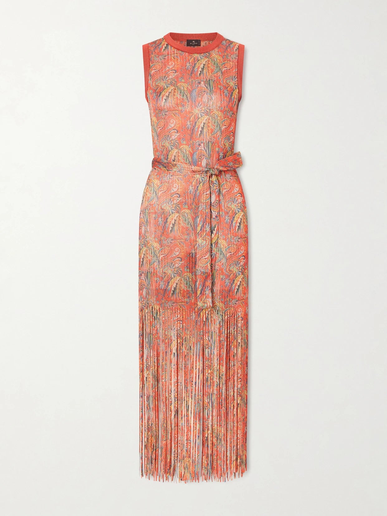 Image of Dresses. Product name - Belted Fringed Jacquard-knit Midi Dress in Red colour by brand - Etro