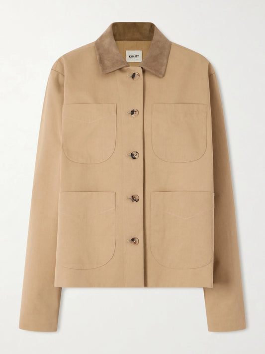 Image of Coats & Jackets. Product name - Wyatt Suede-trimmed Cotton-gabardine Jacket in Beige colour by brand - KHAITE