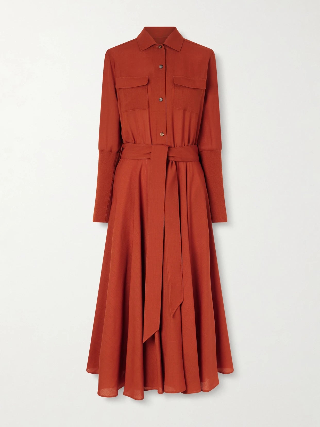 Image of Dresses. Product name - Verlaine Belted Pleated Wool Midi Shirt Dress in Red colour by brand - Loro Piana