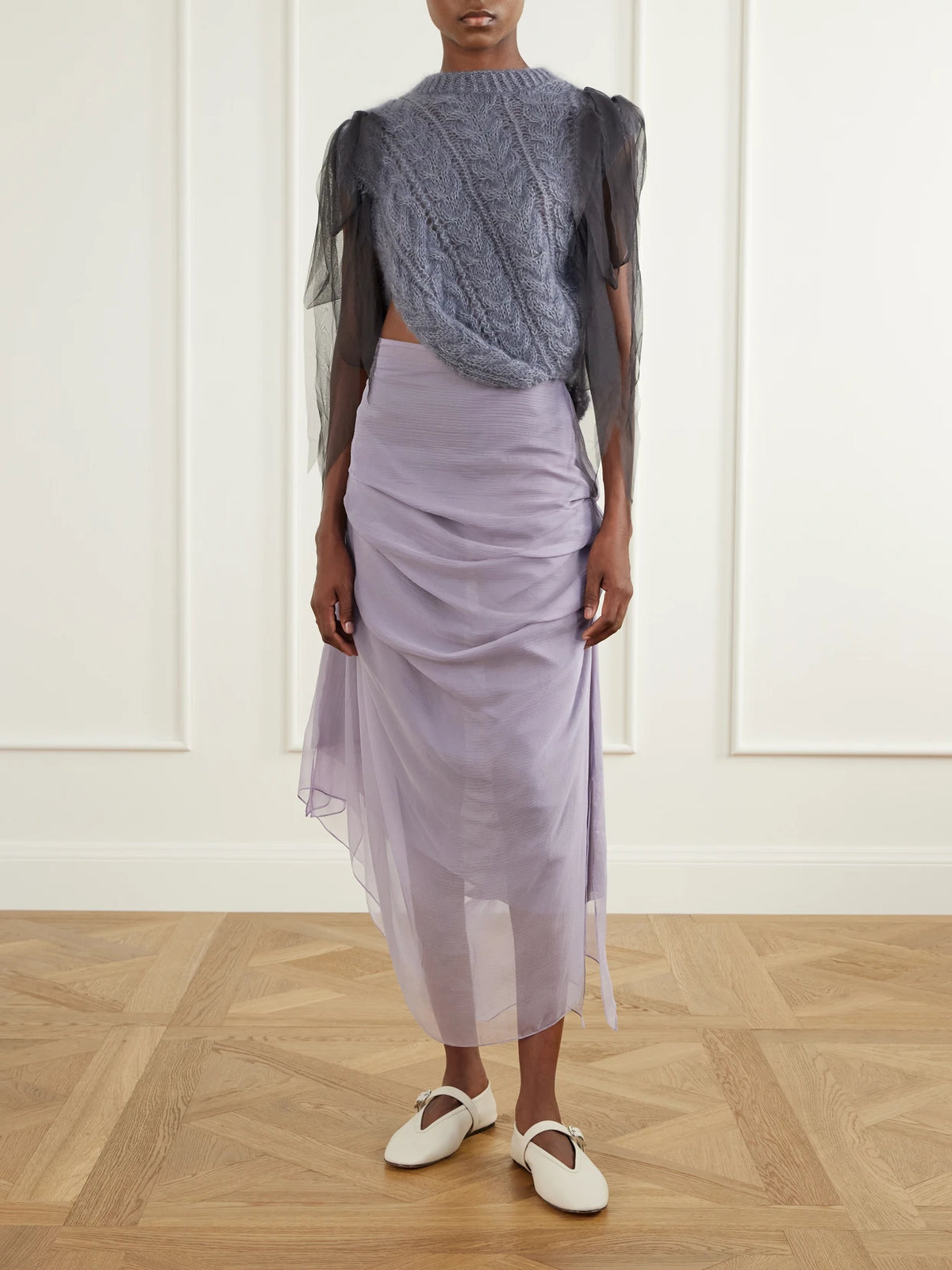 Image of a model wearing Outerwear. Product name - Winnie Tulle-trimmed Mohair-blend Sweater in Gray colour by brand - Pauline Dujancourt
