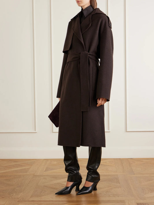 Image of Coats & Jackets. Product name - Manston Belted Wool Coat in Dark brown colour by brand - KHAITE