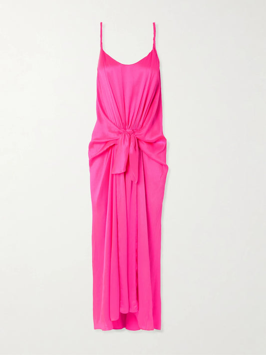 Image of Dresses. Product name - Tie-detailed Crinkled-silk Maxi Dress in Bright pink colour by brand - JW Anderson