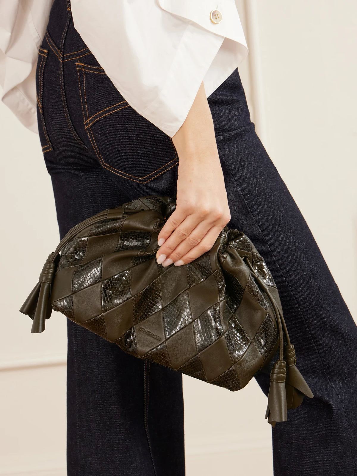 Image of Bags. Product name - Cloud 91 Medium Snake-effect And Textured Leather Clutch in Green, Burgundy colour by brand - Zimmermann