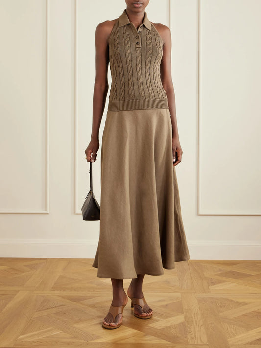 Image of a model wearing Skirts. Product name - Kenzie Linen Maxi Skirt in Light brown colour by brand - Ralph Lauren Collection