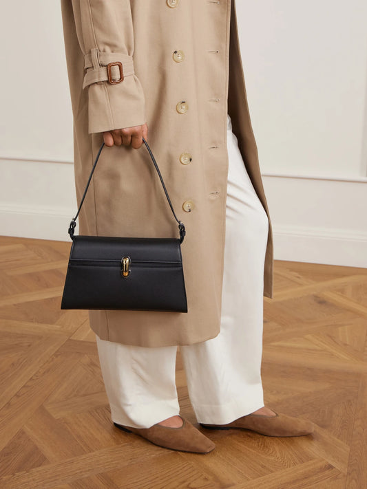 Image of Bags. Product name - Symmetry Textured-leather Shoulder Bag in Black colour by brand - Savette