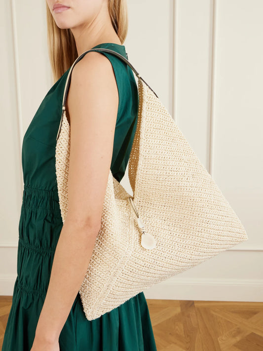 Image of Bags. Product name - Origami Large Leather-trimmed Raffia Tote in Neutral colour by brand - Hunting Season