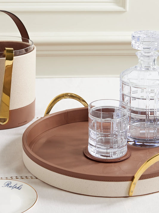 Image of Decor. Product name - Garrett Canvas, Leather And Gold-tone Tray in Brown colour by brand - Ralph Lauren Home