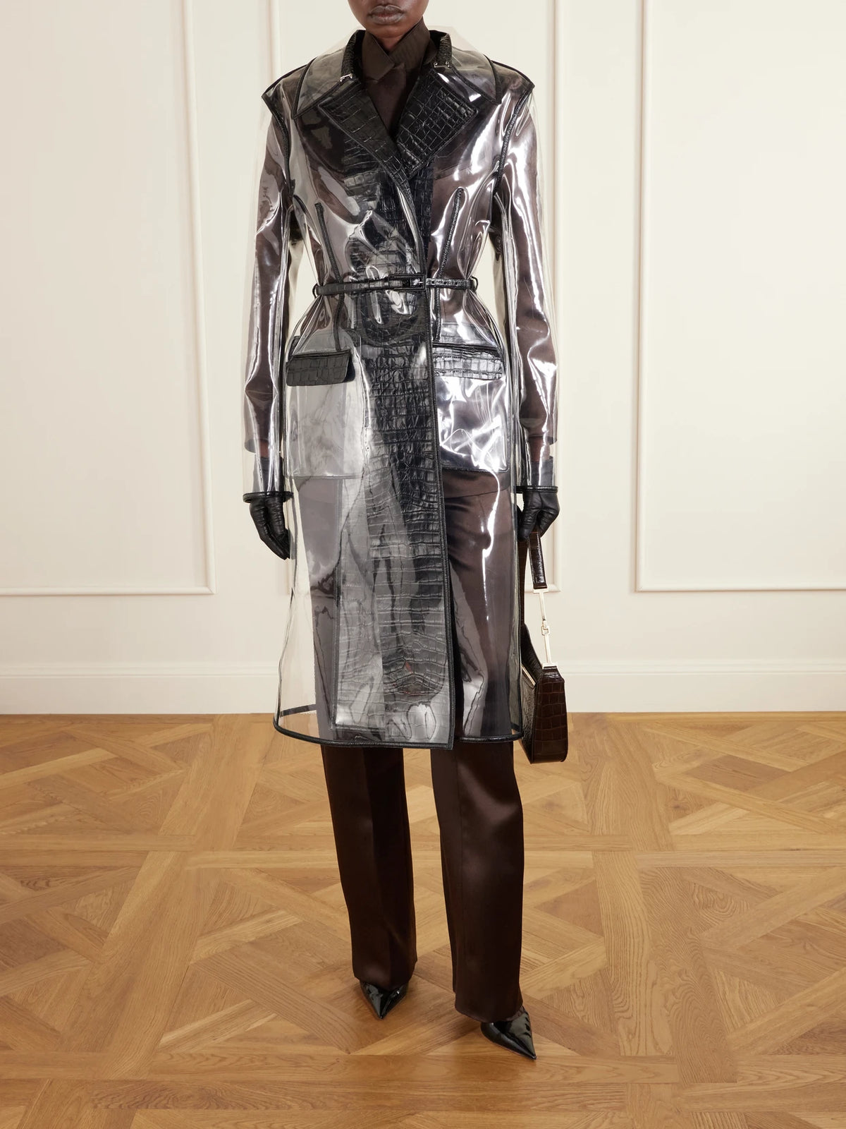 Image of Coats & Jackets. Product name - Croc-effect Leather-trimmed Tpu Coat in Clear colour by brand - TOM FORD