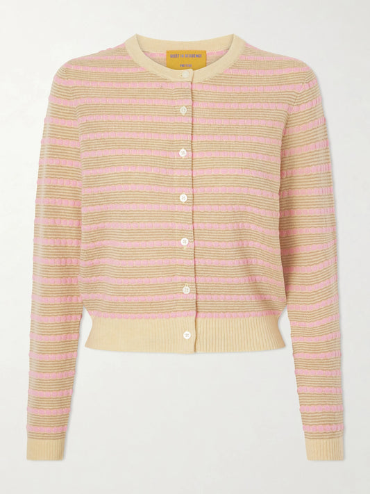 Image of a model wearing Outerwear. Product name - Jane Striped Cashmere Cardigan in Yellow colour by brand - Guest In Residence
