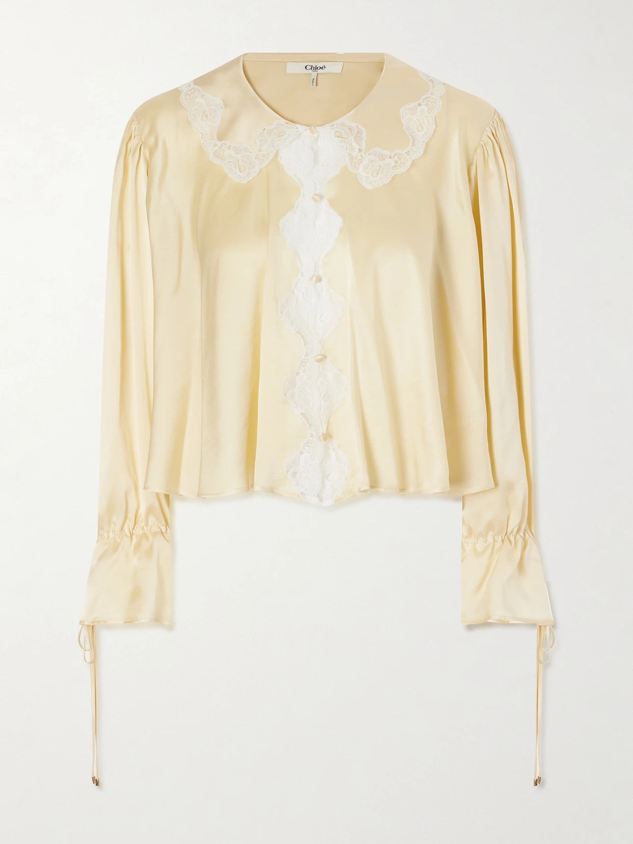 Gathered Lace-trimmed Silk-satin Blouse