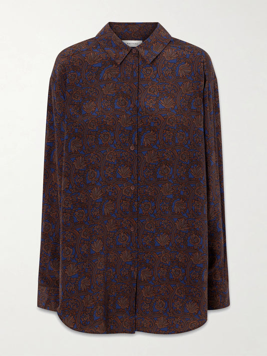 Image of a model wearing Tops. Product name - Printed Silk-crepe De Chine Shirt in Brown colour by brand - Matteau