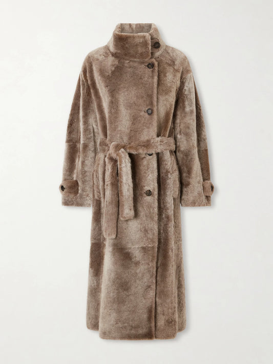 Image of Coats & Jackets. Product name - Belted Shearling Coat in Brown colour by brand - Brunello Cucinelli