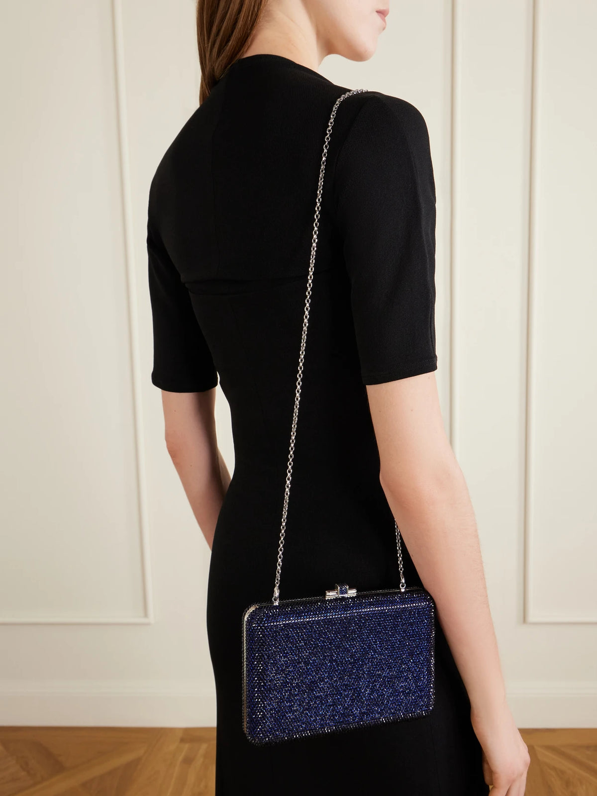 Image of Bags. Product name - Slim Slide Crystal-embellished Silver-tone Clutch in Indigo colour by brand - Judith Leiber Couture