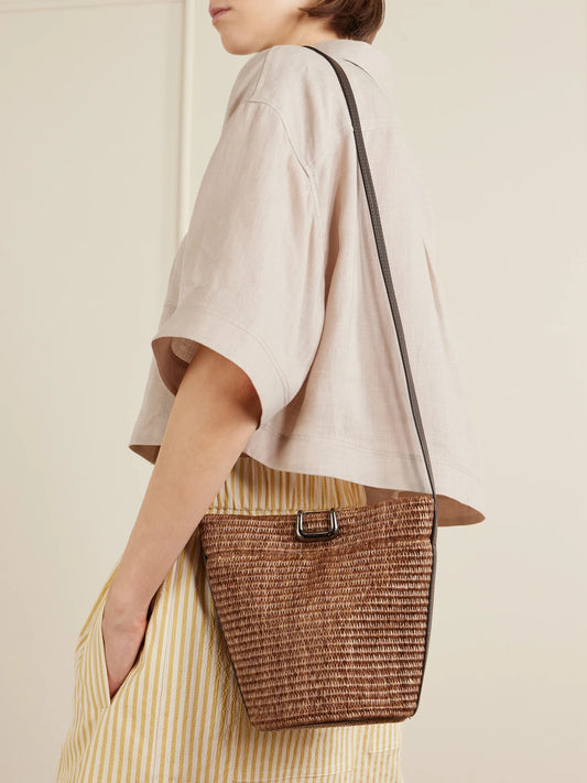 Image of Bags. Product name - Leather-trimmed Raffia Bucket Bag in Brown colour by brand - Brunello Cucinelli