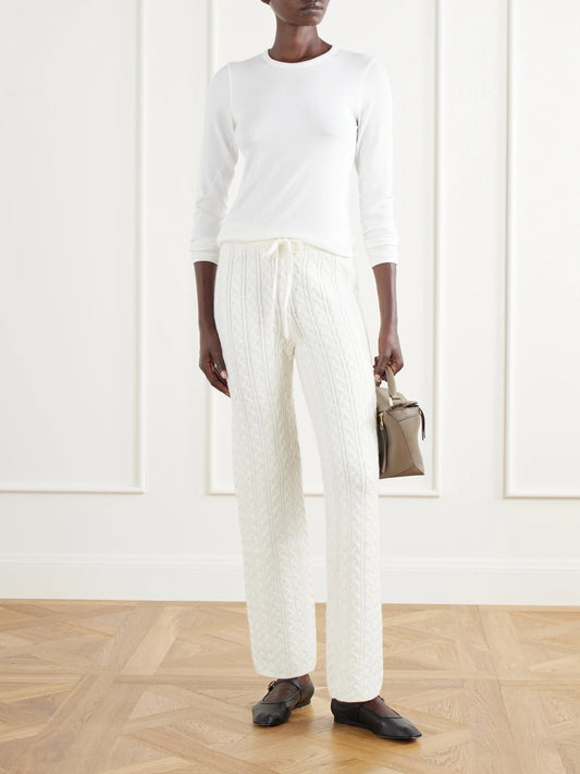 Image of Sleepwear & Loungewear. Product name - Cable-knit Straight-leg Pants in Ivory colour by brand - SKIMS