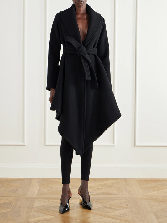 Image of Coats & Jackets. Product name - Belted Asymmetric Draped Virgin Wool Coat in Black colour by brand - Alaïa