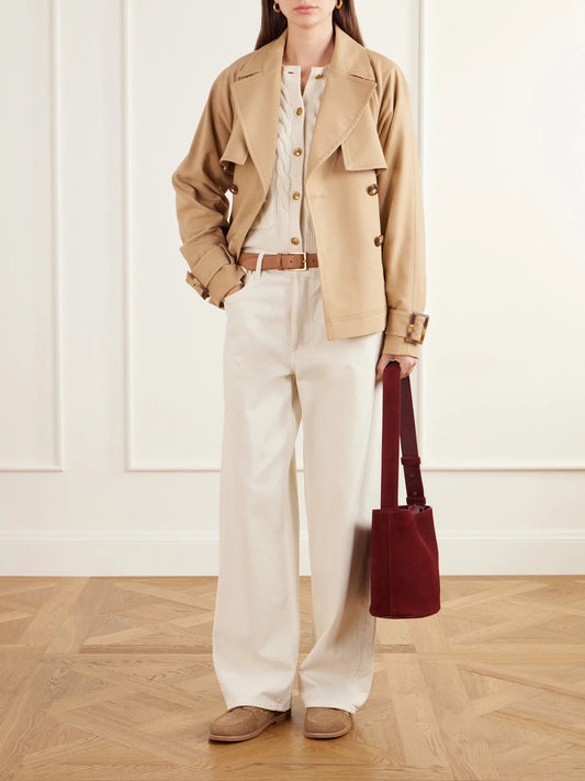 Image of a model wearing Outerwear. Product name - Cropped Cable-knit Wool And Cashmere-blend Cardigan in Cream colour by brand - Polo Ralph Lauren