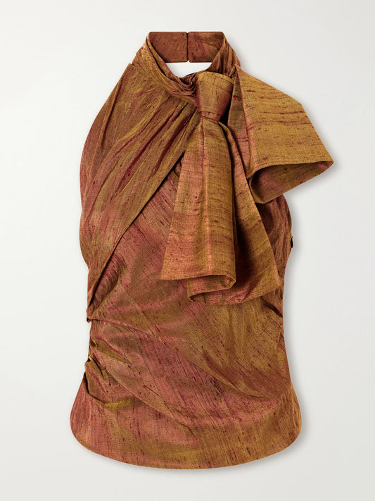 Christopher John Rogers Draped Silk-dupioni Halterneck Top