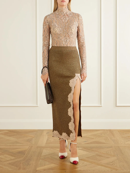 Image of a model wearing Skirts. Product name - Lace-trimmed Ribbed Lurex Midi Skirt in Gold colour by brand - Valentino Garavani