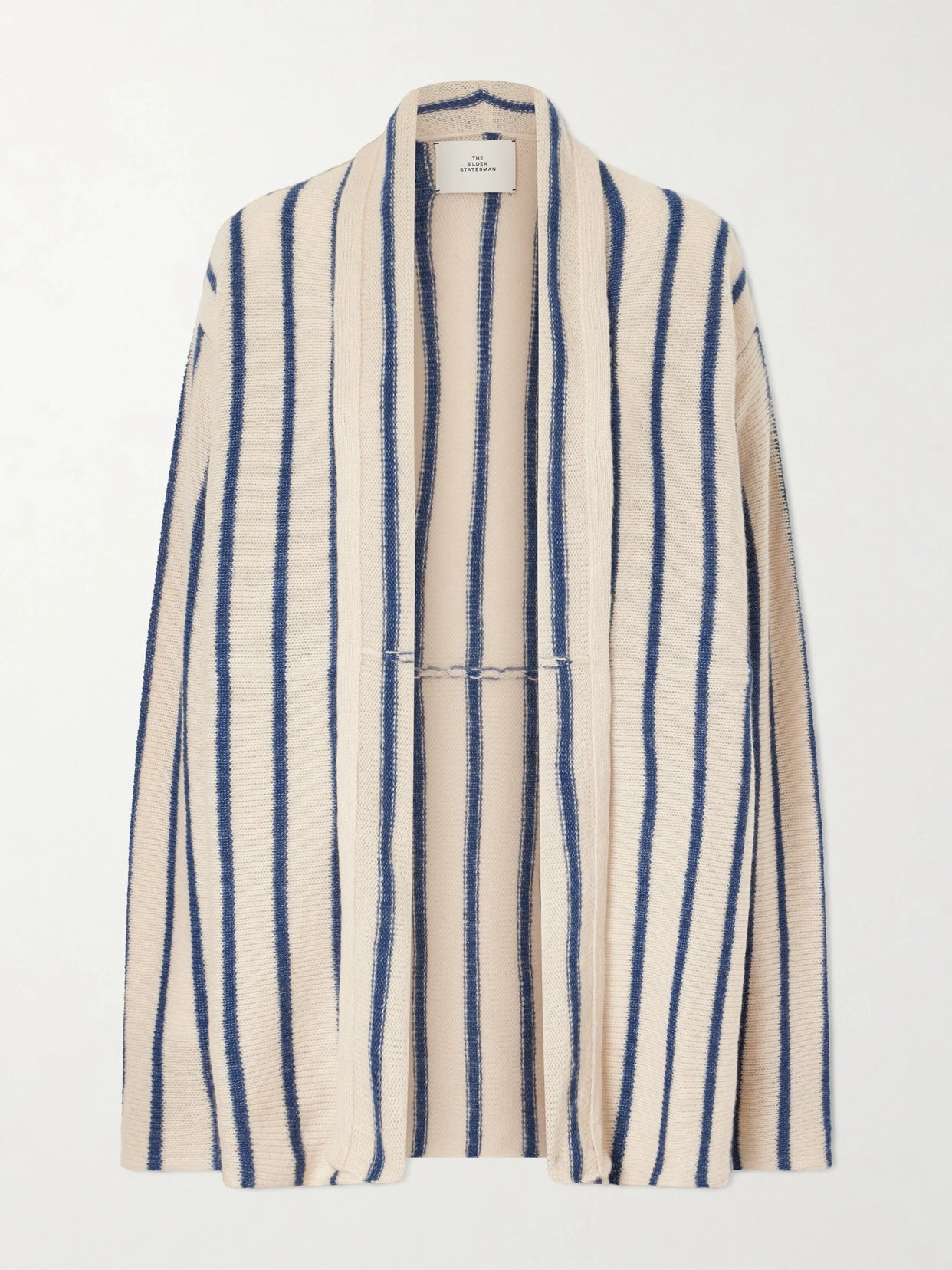 Image of a model wearing Outerwear. Product name - Striped Knitted Cashmere Cardigan in Beige colour by brand - The Elder Statesman