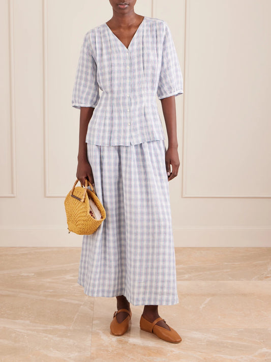 Image of Shirts. Product name - Elvira Pleated Checked Linen Shirt in Purple colour by brand - SKALL